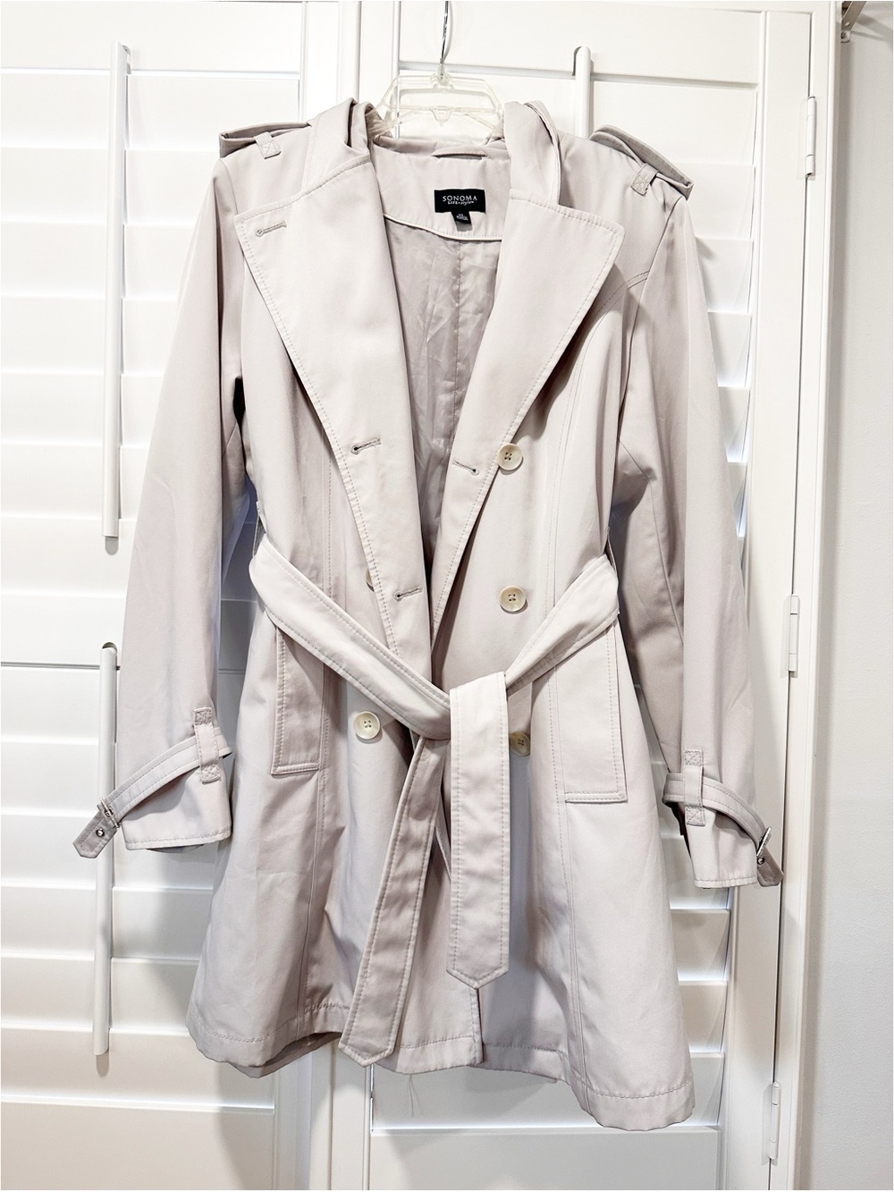Sonoma Lifestyle Hooded Trench Coat Light Gray Belted XL Classic Raincoat